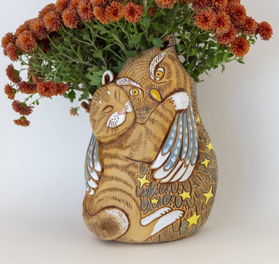 Кот с совой кашпо