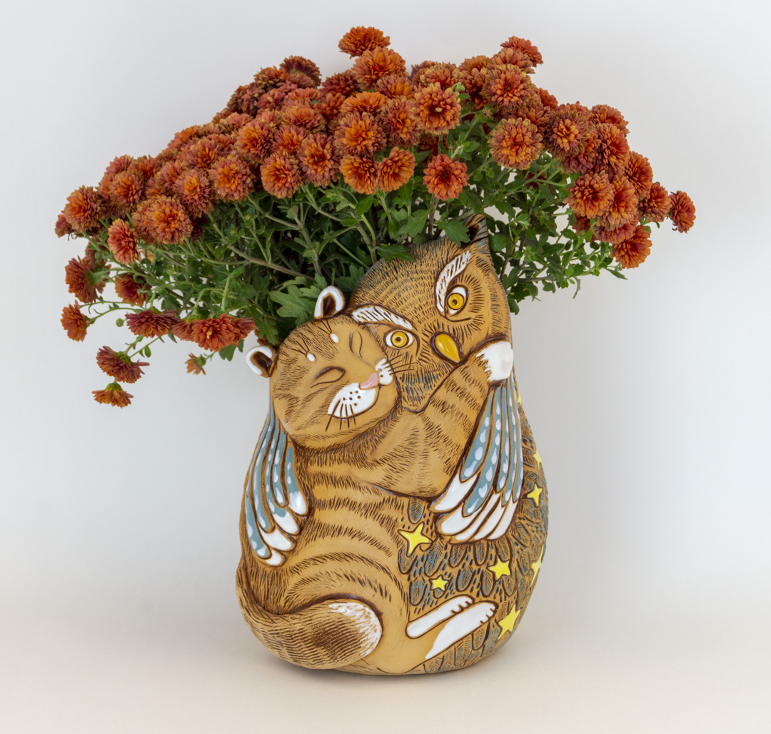 Кот с совой кашпо