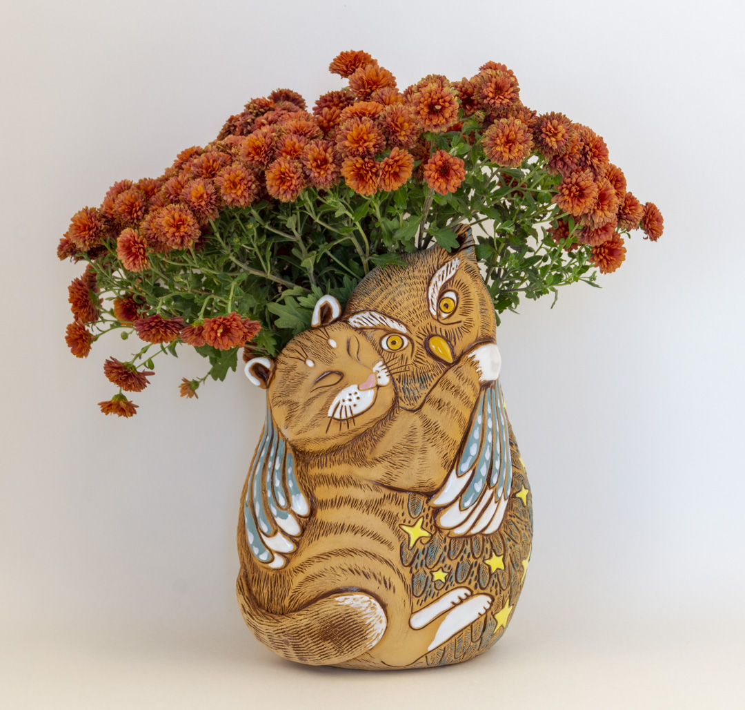 Кот с совой кашпо