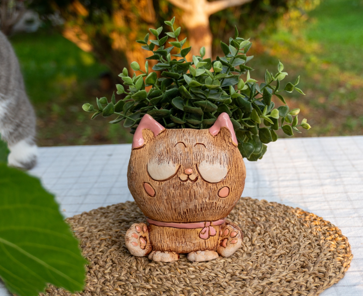 Аниме кошка с розовыми ушками кашпо, фигурка